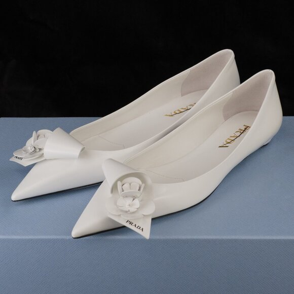Prada Sculptural Twist Floral-Appliqued Ballerina Flats, White Polished Leather - Picture 2 of 12